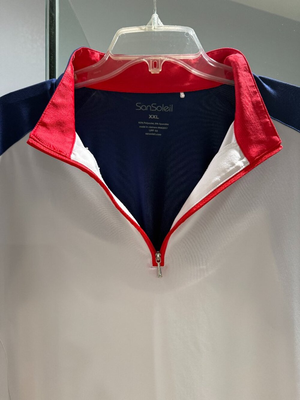 San Soleil Size XXL Red, White and Blue long sleeve top with venting in the back
